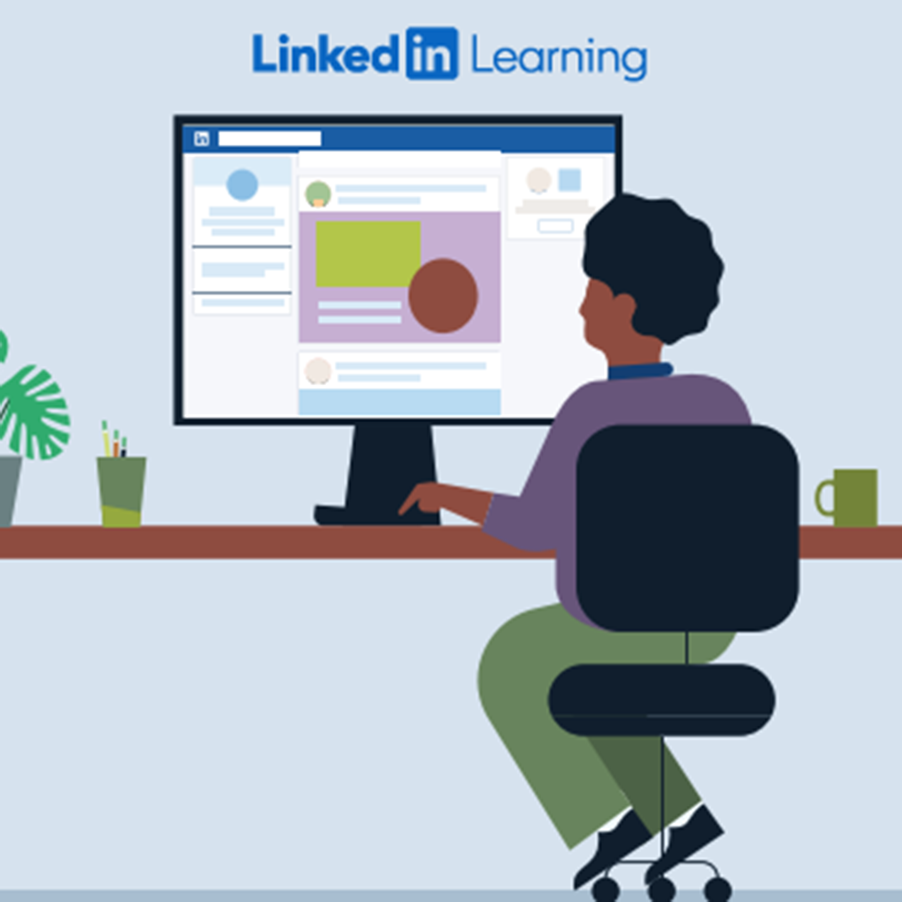 Illustration of a person sitting at a desk with LinkedIn Learning on computer screen