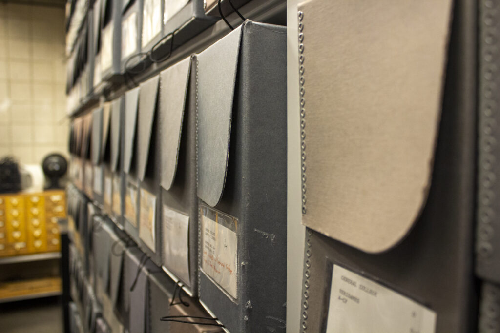 Close-up view of archives storage shelf.