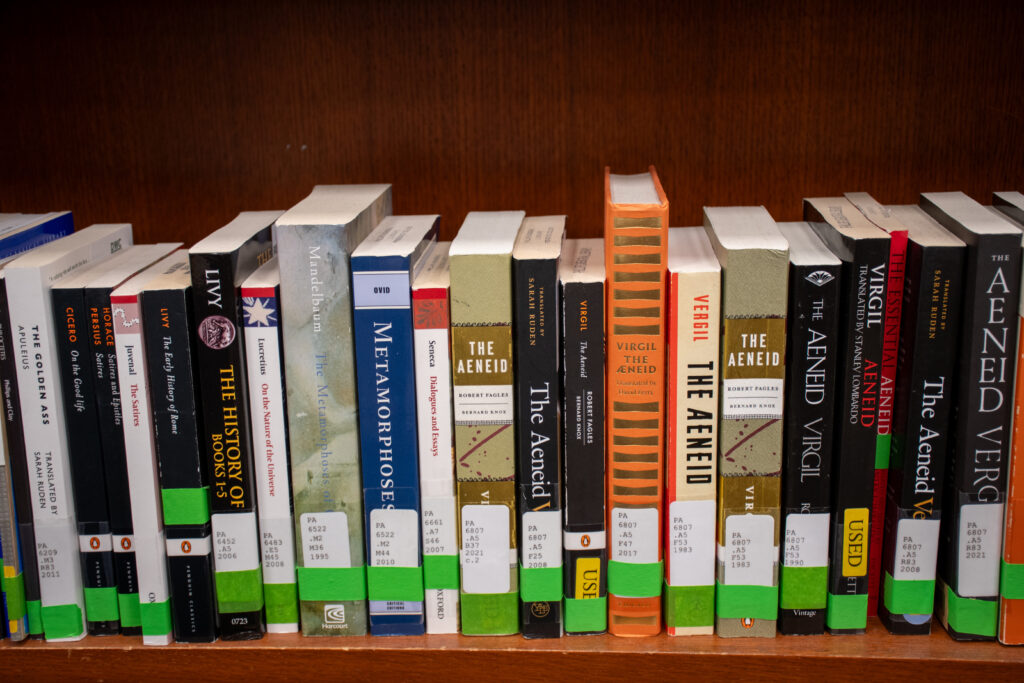Shelf of books common in the Department of Western Civilization curriculum.