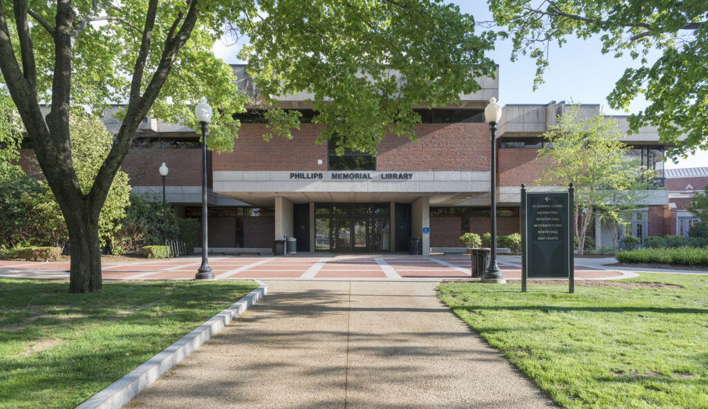 The main entrance of the Phillips Memorial Library.