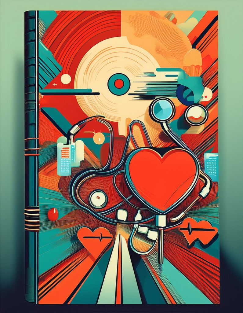 Abstract book cover with a large red heart and stethoscope at the center, surrounded by medical symbols in bold red, teal, and orange tones.