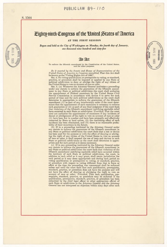 A scanned copy of the official Voting Rights Act of 1965 as passed by the 89th Congress of the United States. The text is densely printed in black ink on cream-colored paper with a red border. At the top are government stamps dated August 1965.