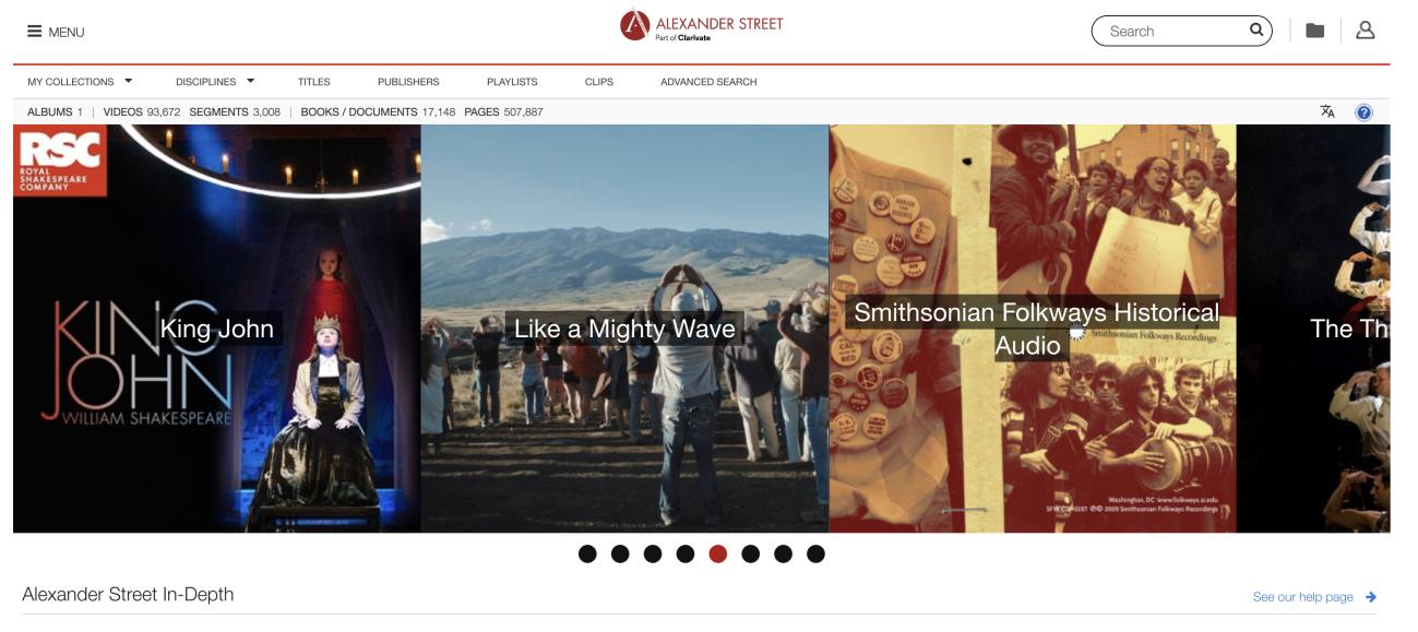 Screenshot of Alexander Street Press homepage