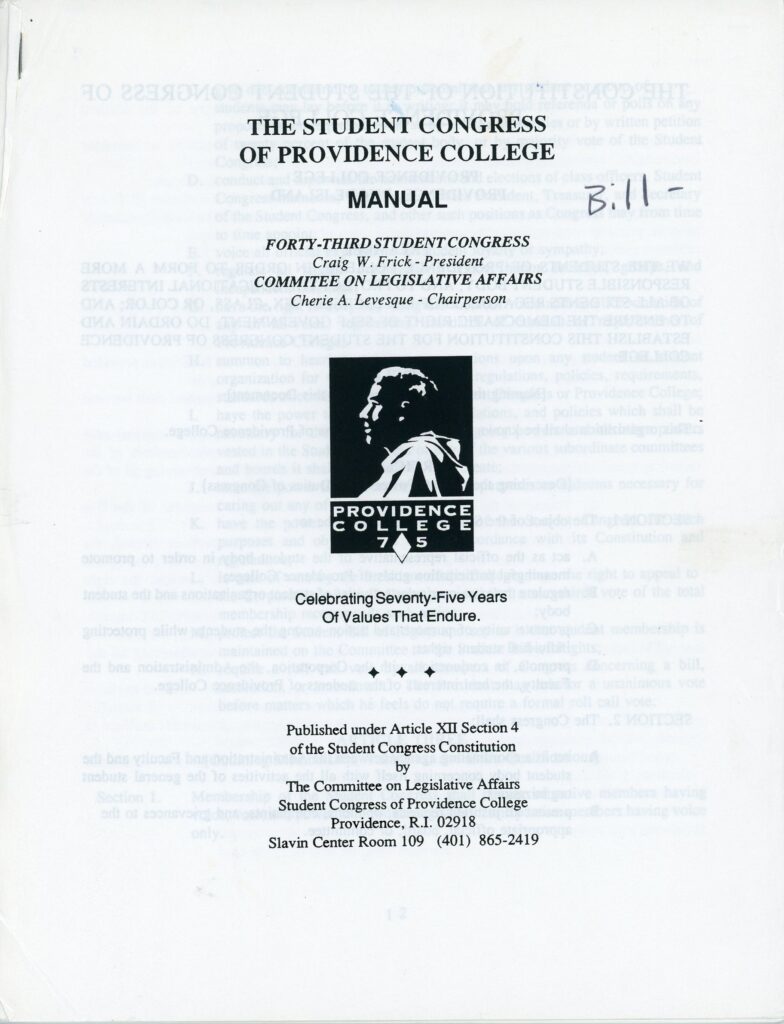 Cover of Student Congress constitution with basic information about the congress: president, chairperson, years of service, and contact information.
