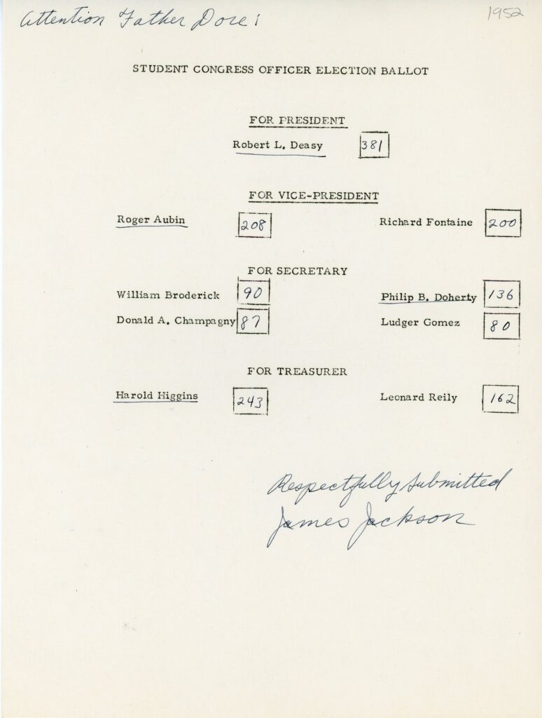 Document with 1952 Student Congress election results, including the winning president, vice president, secretary, and treasurer.